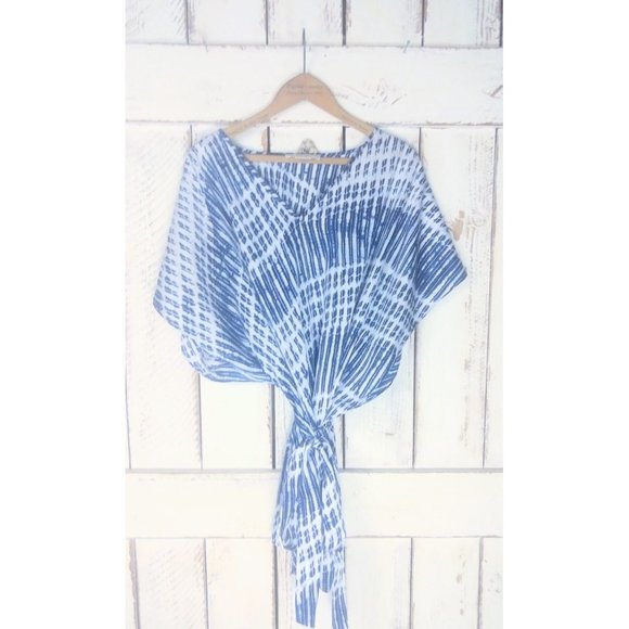 90s blue white tie dye striped boho kaftan cover up top - Picture 2 of 5